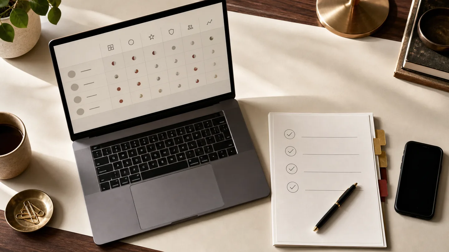 A laptop showing a directory comparison beside a four-item maintenance checklist